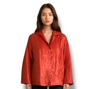 CHICOS Button Front Jacket Shirt 100% Silk Red Covered Buttons Sheen Sz L